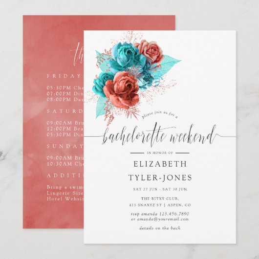 Turquoise en Coral Bachelorette Weekend Itinerary Kaart (Voorkant / Achterkant)