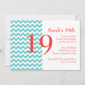 Turquoise en Coral Chevron Birthday Invitation Kaart (Voorkant)
