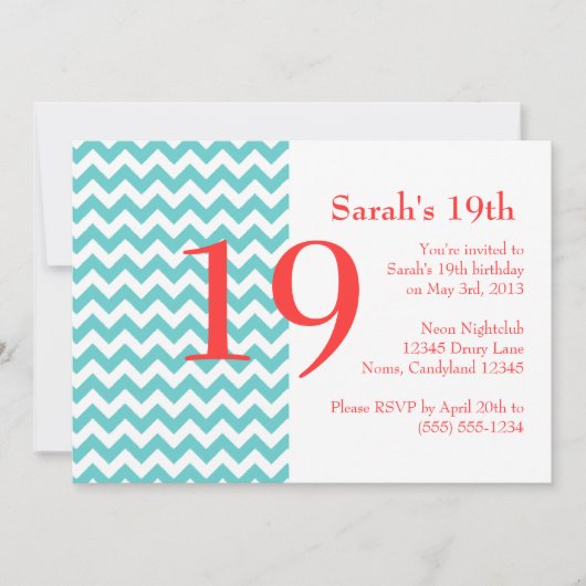 Turquoise en Coral Chevron Birthday Invitation Kaart (Voorkant)