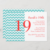 Turquoise en Coral Chevron Birthday Invitation Kaart (Voorkant / Achterkant)