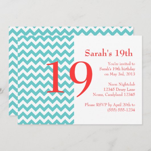 Turquoise en Coral Chevron Birthday Invitation Kaart (Voorkant / Achterkant)