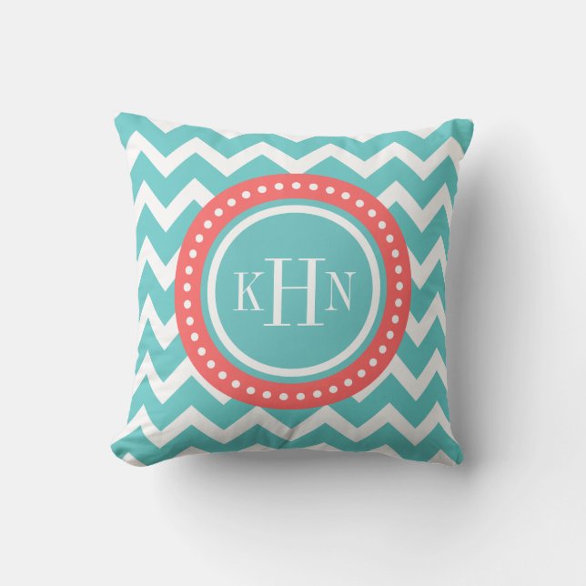 Turquoise en Coral Chevron Monogram Kussen (Voorkant)