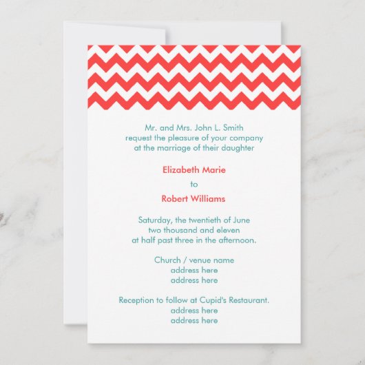 Turquoise en Coral Chevron Wedding Invitation Kaart (Voorkant)