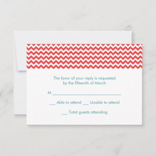 Turquoise en Coral Chevron Wedding RSVP Card (Voorkant)