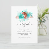 Turquoise en Coral Floral Birthday Kaart (Staand voorkant)