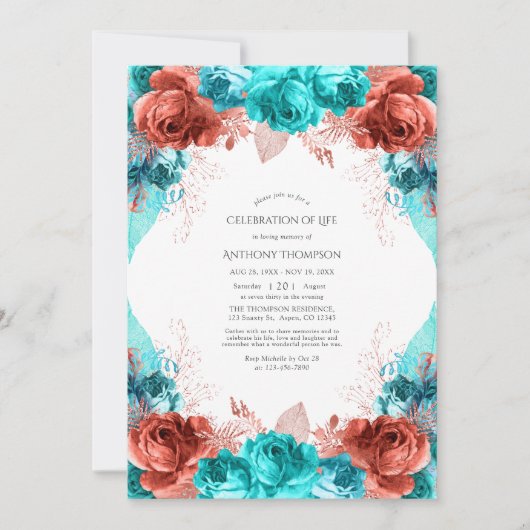 Turquoise en Coral Floral Celebration of Life Kaart (Voorkant)