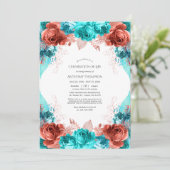 Turquoise en Coral Floral Celebration of Life Kaart (Staand voorkant)