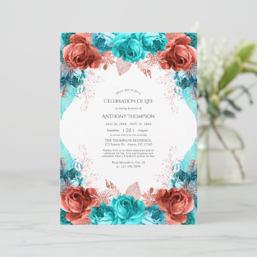 Turquoise en Coral Floral Celebration of Life Kaart (Staand voorkant)