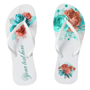 Turquoise en Coral Floral Tropical Wedding Favor Teenslippers