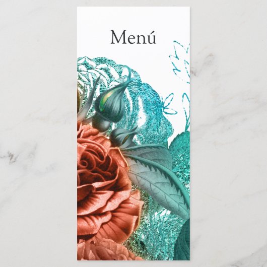 Turquoise en Coral Floral Tropical Wedding Menu (Achterkant)