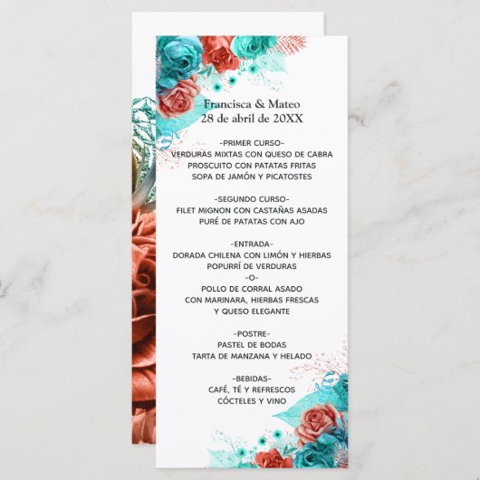 Turquoise en Coral Floral Tropical Wedding Menu (Voorkant / Achterkant)