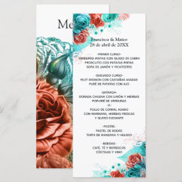 Turquoise en Coral Floral Tropical Wedding Menu