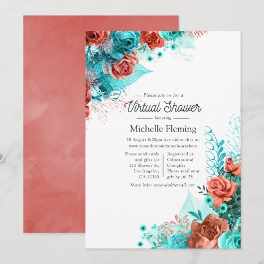 Turquoise en Coral Floral Virtual Baby shower Kaart (Voorkant / Achterkant)