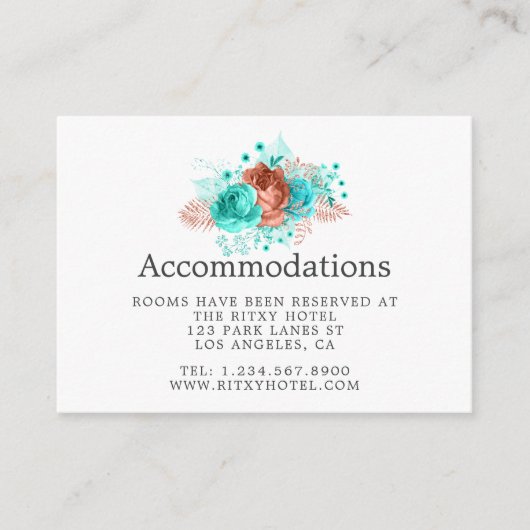 Turquoise en Coral Floral Wedding Accommodations Informatiekaartje (Voorkant)