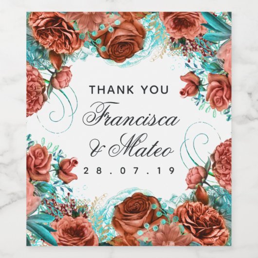 Turquoise en Coral Floral Wedding Guest Hartelijk  Wijn Etiket (Enkel label)