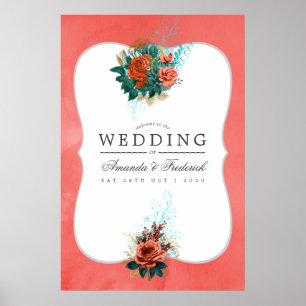 Turquoise en Coral Floral Wedding Welcome Poster