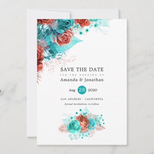 Turquoise en Coral Glitter Floral Wedding Save The Date (Voorkant)