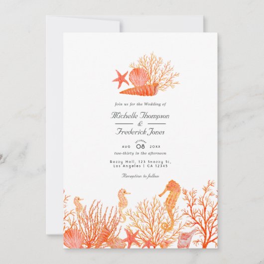 Turquoise- en Coral QR-code RSVP Beach Weddenschap Kaart (Voorkant)