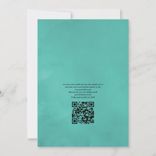 Turquoise- en Coral QR-code RSVP Beach Weddenschap Kaart (Achterkant)
