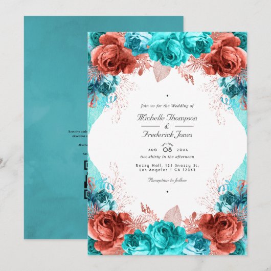 Turquoise en Coral Rustic Floral QR Code Wedding Kaart (Voorkant / Achterkant)