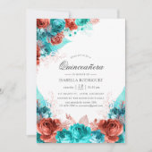 Turquoise en Coral Rustic Floral Quinceañera Kaart (Voorkant)