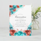 Turquoise en Coral Rustic Floral Quinceañera Kaart (Staand voorkant)