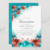 Turquoise en Coral Rustic Floral Quinceañera Kaart (Voorkant / Achterkant)