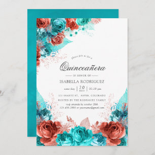 Turquoise en Coral Rustic Floral Quinceañera Kaart