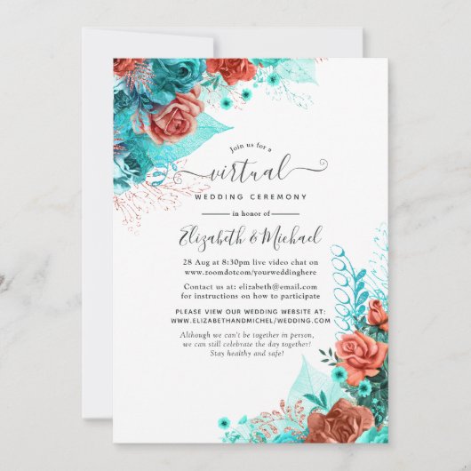 Turquoise en Coral Rustic Floral Virtual Wedding Kaart (Voorkant)