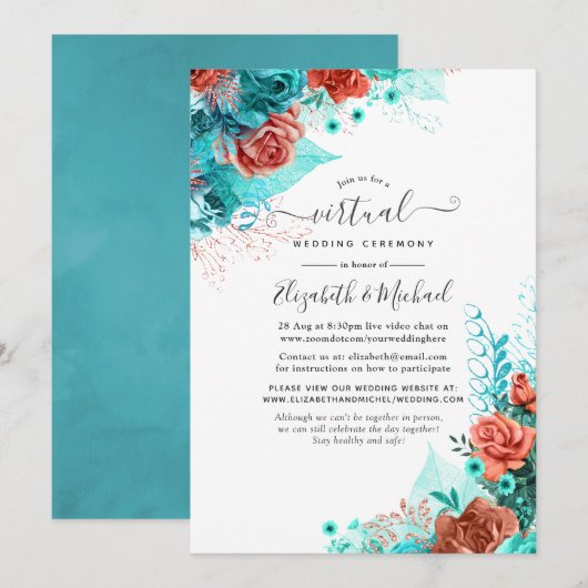 Turquoise en Coral Rustic Floral Virtual Wedding Kaart (Voorkant / Achterkant)