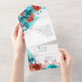 Turquoise en Coral Rustic Floral Wedding All In One Uitnodiging (Afscheurbaar)