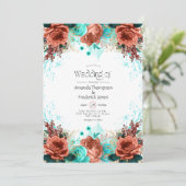 Turquoise en Coral Rustic Floral Wedding Invitati Kaart (Staand voorkant)
