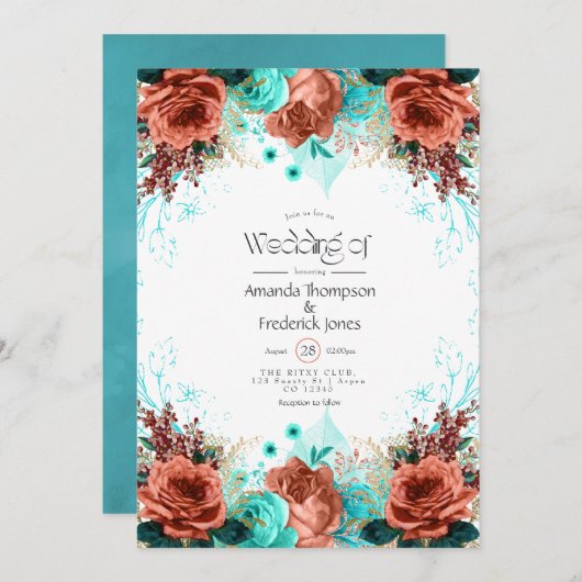 Turquoise en Coral Rustic Floral Wedding Invitati Kaart (Voorkant / Achterkant)