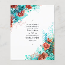 Turquoise en Coral Rustic Floral Wedding Invite