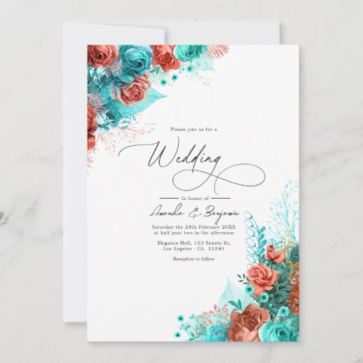Turquoise en Coral Rustic Floral Wedding Kaart (Voorkant)