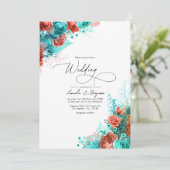 Turquoise en Coral Rustic Floral Wedding Kaart (Staand voorkant)