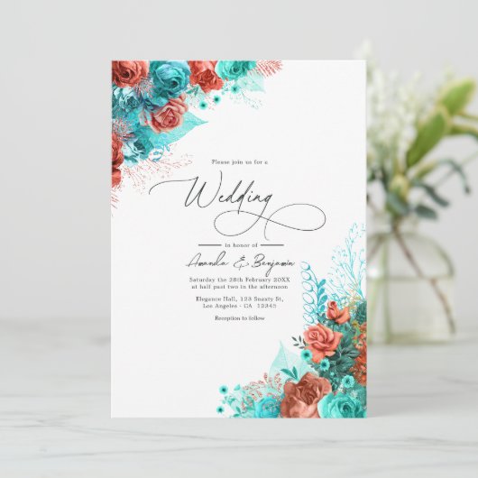 Turquoise en Coral Rustic Floral Wedding Kaart (Staand voorkant)