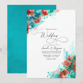 Turquoise en Coral Rustic Floral Wedding Kaart (Voorkant / Achterkant)