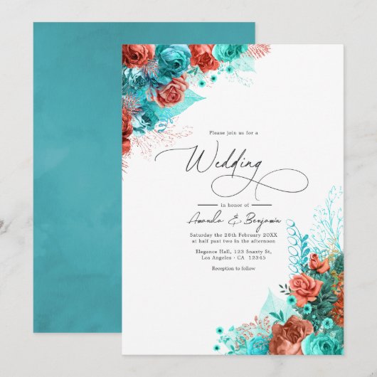 Turquoise en Coral Rustic Floral Wedding Kaart (Voorkant / Achterkant)
