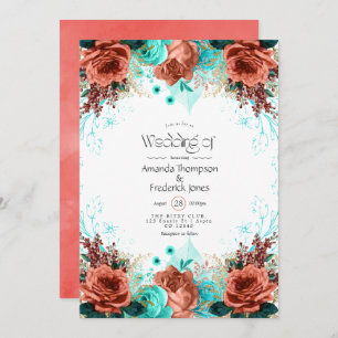Turquoise en Coral Rustic Floral Wedding Kaart