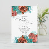 Turquoise en Coral Rustic Floral Wedding Kaart (Staand voorkant)