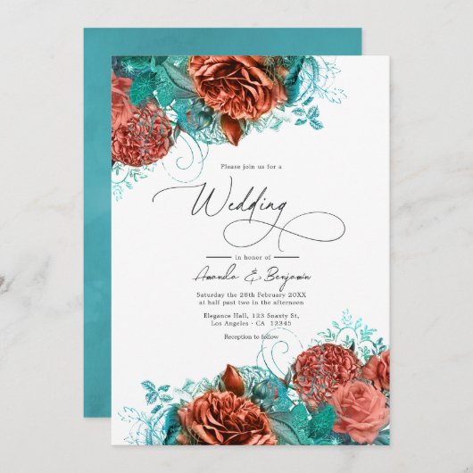 Turquoise en Coral Rustic Floral Wedding Kaart (Voorkant / Achterkant)