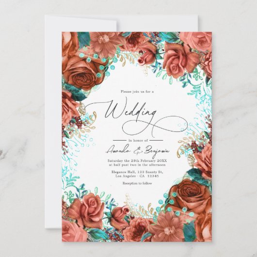 Turquoise en Coral Rustic Floral Wedding Kaart (Voorkant)