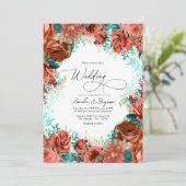 Turquoise en Coral Rustic Floral Wedding Kaart (Staand voorkant)