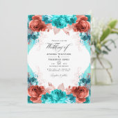Turquoise en Coral Rustic Floral Wedding Photo in Kaart (Staand voorkant)