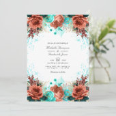 Turquoise en Coral Rustic Floral Wedding Photo in Kaart (Staand voorkant)