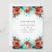 Turquoise en Coral Rustic Floral Wedding Photo Kaart (Voorkant)