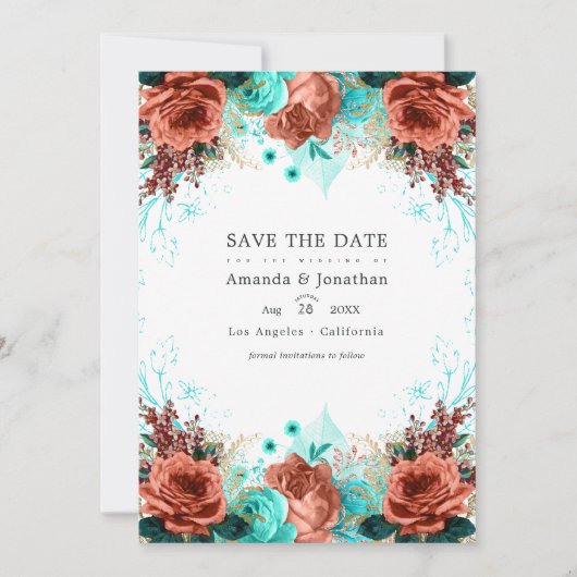 Turquoise en Coral Rustic Floral Wedding Photo Kaart (Voorkant)