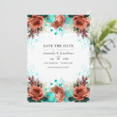Turquoise en Coral Rustic Floral Wedding Photo Kaart (Staand voorkant)