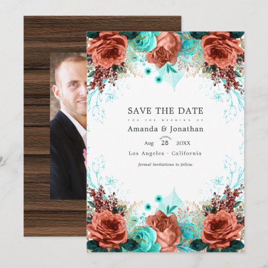 Turquoise en Coral Rustic Floral Wedding Photo Kaart (Voorkant / Achterkant)